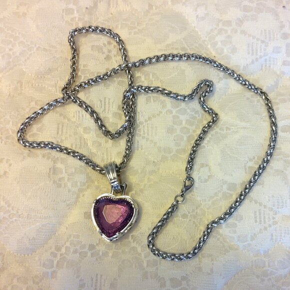 Vintage Purple Cracked Crystal Heart Silver Pendant Silver Tone Long Necklace - Picture 2 of 11